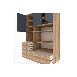 Kronos Dolap 9 Raflı 6 Çekmeceli 3 Kapaklı 132x59x195 Çam-antrasit/çam