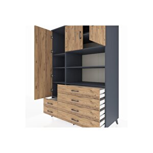 Kronos Dolap 8 Raflı 6 Çekmeceli 3 Kapaklı 132x59x195 Antrasit-çam/çam