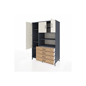 Kronos Dolap 7 Raflı 4 Çekmeceli 3 Kapaklı 132x59x195 Antrasit-aytaşı/çam