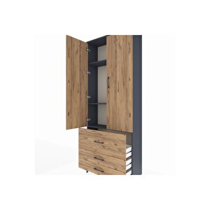 Arges Dolap 3 Raflı 3 Çekmeceli 2 Kapaklı 88x30x221 Antrasit-çam