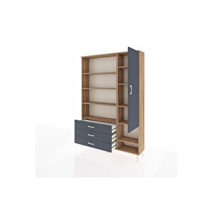 Arges Gardrop 9 Raflı 3 Çekmeceli Tek Kapaklı  132x30x195 Çam-antrasit