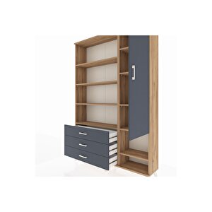 Arges Gardrop 9 Raflı 3 Çekmeceli Tek Kapaklı  132x30x195 Çam-antrasit