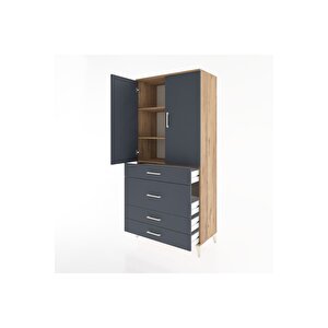 Hyperion Dolap 3 Raflı 4 Çekmeceli 2 Kapaklı 88x44x195 Çam-antrasit