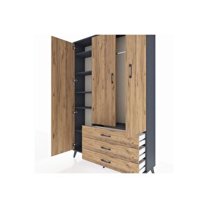 Arges Gardrop 6 Raflı 3 Çekmeceli Tek Askılı 132x30x195 Antrasit-çam