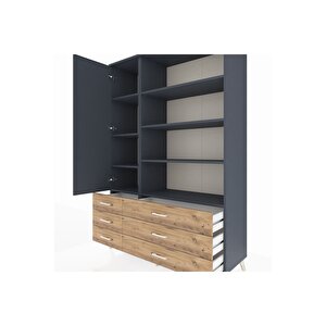 Hyperion Dolap 8 Raflı 6 Çekmeceli Tek Kapaklı  132x44x195 Antrasit-antrasit/çam