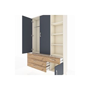 Arges Dolap 5 Raflı 4 Çekmeceli Tek Askılı 132x30x195 Aytaşı-antrasit/çam