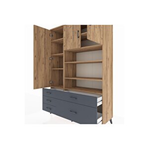 Hyperion Dolap 9 Raflı 5 Çekmeceli 3 Kapaklı 132x44x195 Çam-çam/antrasit