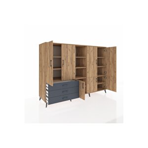 Kronos Dolap 11 Raflı 3 Çekmeceli 7 Kapaklı 220x59x163 Çam-çam/antrasit