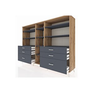 Hyperion Dolap 10 Raflı 6 Çekmeceli  220x44x163 Çam-antrasit