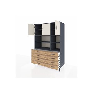 Kronos Dolap 8 Raflı 8 Çekmeceli 3 Kapaklı 132x59x195 Antrasit-aytaşı/çam