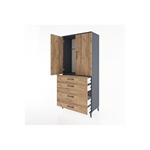 Hyperion Dolap Tek Raflı 4 Çekmeceli Tek Askılı 88x44x195 Antrasit-çam