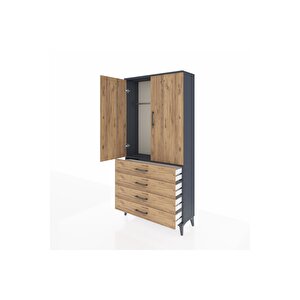 Arges Dolap Tek Raflı 4 Çekmeceli Tek Askılı 88x30x182 Antrasit-çam