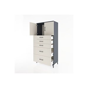Hyperion Dolap Tek Raflı 5 Çekmeceli 2 Kapaklı 88x44x182 Antrasit-aytaşı