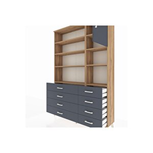 Arges Gardrop 8 Raflı 8 Çekmeceli Tek Kapaklı  132x30x195 Çam-antrasit
