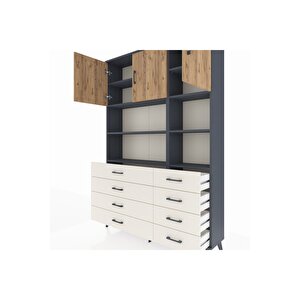 Arges Dolap 8 Raflı 8 Çekmeceli 3 Kapaklı 132x30x195 Antrasit-çam/aytaşı
