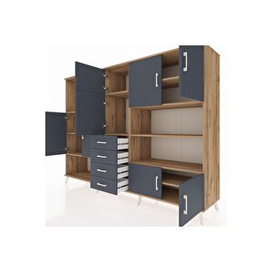 Hyperion Dolap 9 Raflı 4 Çekmeceli 8 Kapaklı 220x44x163 Çam-antrasit