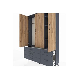 Arges Dolap 5 Raflı 5 Çekmeceli Tek Askılı 132x30x195 Antrasit-çam/antrasit