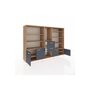 Hyperion Dolap 10 Raflı 2 Çekmeceli 4 Kapaklı 220x44x163 Çam-antrasit