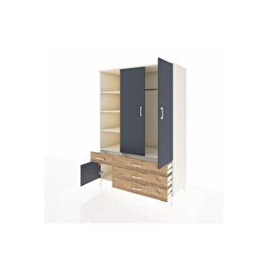 Kronos Dolap 5 Raflı 4 Çekmeceli Tek Askılı 132x59x195 Aytaşı-antrasit/çam