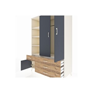 Kronos Dolap 5 Raflı 4 Çekmeceli Tek Askılı 132x59x195 Aytaşı-antrasit/çam