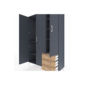 Hyperion Dolap 6 Raflı 3 Çekmeceli Tek Askılı 132x44x195 Antrasit-antrasit/çam