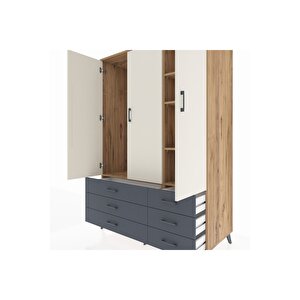 Kronos Dolap 5 Raflı 6 Çekmeceli Tek Askılı 132x59x195 Çam-aytaşı/antrasit