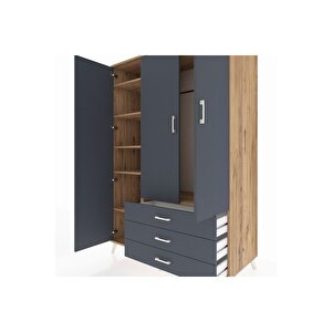 Kronos Dolap 6 Raflı 3 Çekmeceli Tek Askılı 132x59x195 Çam-antrasit/antrasit