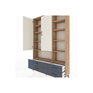 Arges Dolap 10 Raflı 4 Çekmeceli 2 Kapaklı 132x30x195 Çam-aytaşı/antrasit