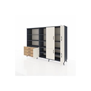 Hyperion Dolap 11 Raflı 3 Çekmeceli 5 Kapaklı 220x44x163 Antrasit-aytaşı/çam