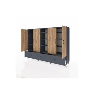 Hyperion Dolap 12 Raflı 3 Çekmeceli 4 Kapaklı 220x44x163 Antrasit-çam/antrasit
