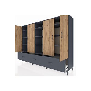 Hyperion Dolap 12 Raflı 3 Çekmeceli 4 Kapaklı 220x44x163 Antrasit-çam/antrasit