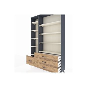 Arges Dolap 9 Raflı 4 Çekmeceli  132x30x195 Antrasit-aytaşı/çam