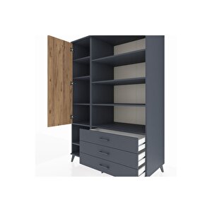 Kronos Dolap 9 Raflı 3 Çekmeceli Tek Kapaklı  132x59x195 Antrasit-çam/antrasit