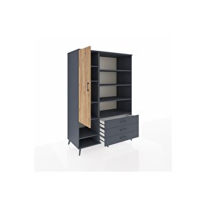 Kronos Dolap 9 Raflı 3 Çekmeceli Tek Kapaklı  132x59x195 Antrasit-çam/antrasit