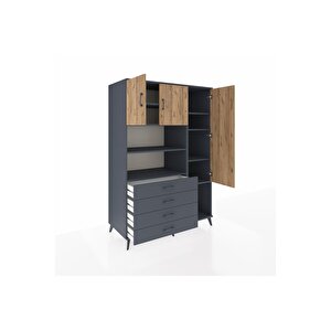 Kronos Dolap 8 Raflı 4 Çekmeceli 3 Kapaklı 132x59x195 Antrasit-çam/antrasit