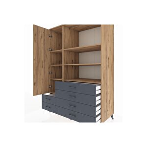 Kronos Dolap 7 Raflı 6 Çekmeceli Tek Kapaklı  132x59x195 Çam-çam/antrasit