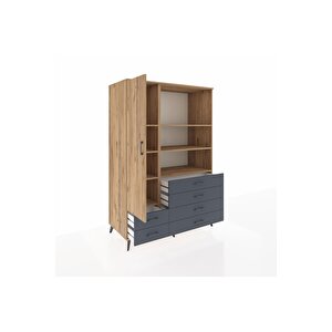 Kronos Dolap 7 Raflı 6 Çekmeceli Tek Kapaklı  132x59x195 Çam-çam/antrasit