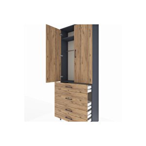 Arges Dolap 2 Raflı 4 Çekmeceli Tek Askılı 88x30x221 Antrasit-çam