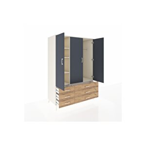 Kronos Dolap 5 Raflı 6 Çekmeceli Tek Askılı 132x59x195 Aytaşı-antrasit/çam