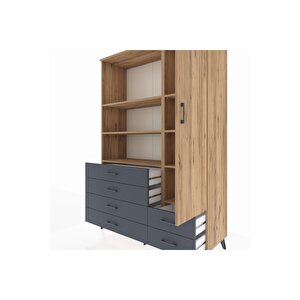 Hyperion Dolap 7 Raflı 6 Çekmeceli Tek Kapaklı  132x44x195 Çam-çam/antrasit