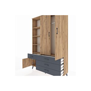 Arges Dolap 5 Raflı 4 Çekmeceli Tek Askılı 132x30x195 Çam-çam/antrasit