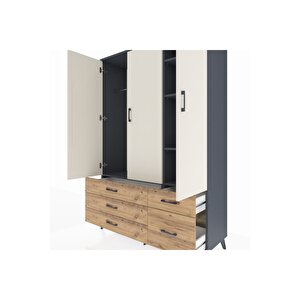 Hyperion Dolap 5 Raflı 5 Çekmeceli Tek Askılı 132x44x195 Antrasit-aytaşı/çam