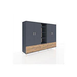 Hyperion Dolap 12 Raflı 3 Çekmeceli 4 Kapaklı 220x44x163 Antrasit-antrasit/çam