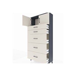Arges Dolap Tek Raflı 5 Çekmeceli 2 Kapaklı 88x30x182 Antrasit-aytaşı