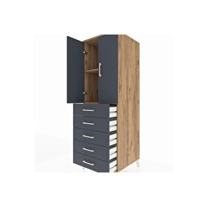 Kronos Dolap 2 Raflı 5 Çekmeceli 2 Kapaklı 60x59x182 Çam-antrasit