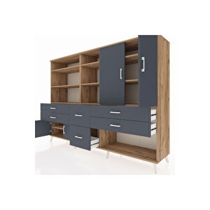 Hyperion Dolap 10 Raflı 6 Çekmeceli 4 Kapaklı 220x44x163 Çam-antrasit