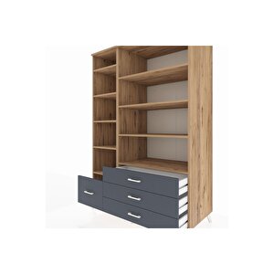 Kronos Dolap 9 Raflı 4 Çekmeceli  132x59x195 Çam-çam/antrasit