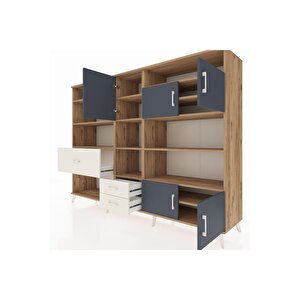 Hyperion Dolap 13 Raflı 3 Çekmeceli 5 Kapaklı 220x44x163 Çam-antrasit/aytaşı