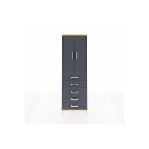 Arges Dolap Tek Raflı 5 Çekmeceli Tek Askılı 60x30x182 Çam-antrasit