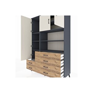 Hyperion Dolap 8 Raflı 6 Çekmeceli 3 Kapaklı 132x44x195 Antrasit-aytaşı/çam